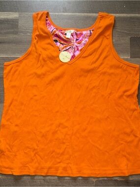 Ashley Stewart Bright Orange V-Neck Tank with Printed Detail